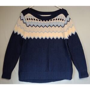 LL Bean Sweater Womens Medium Blue White Soft 100% Merino Wool Outdoor Pullover